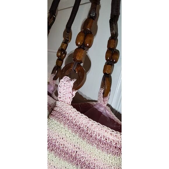 Studio Works - Pink & Cream Stripe Woven Bag w/ Wood Strap Accents - Picture 9 of 10